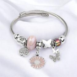 Bracelet argenté charms tournesol rose Acier