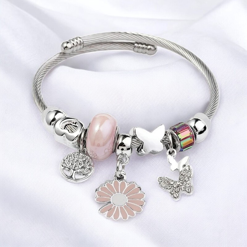 Bracelet argenté charms tournesol rose Acier