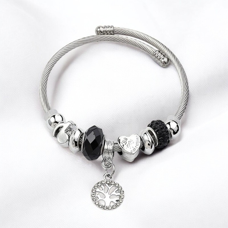 Bracelet argenté charms arbre de vie noir Acier