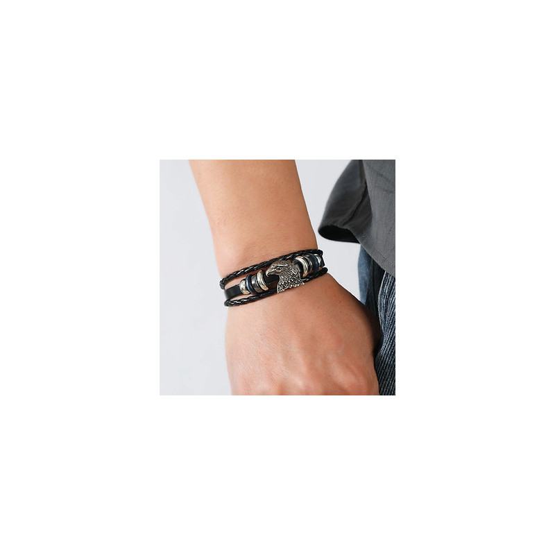 Bracelet multirang aigle cuir noir