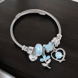 Bracelet charms argenté coeur et fleur bleu