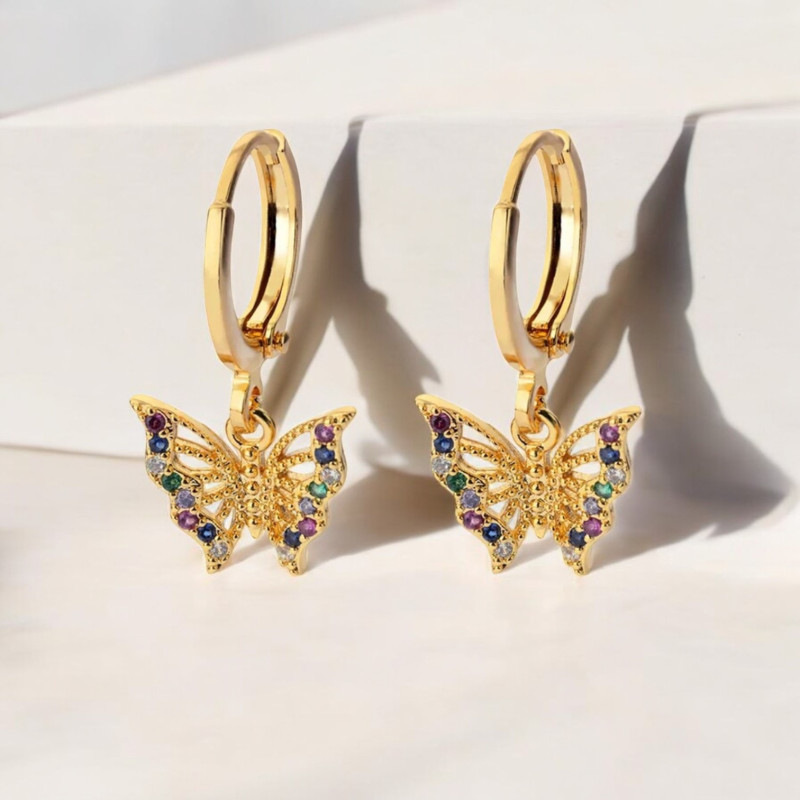 Boucles d'oreilles dorées papillon multicolore Plaqué or