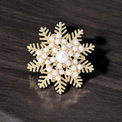 Broche flocon de neige doré perles blanches