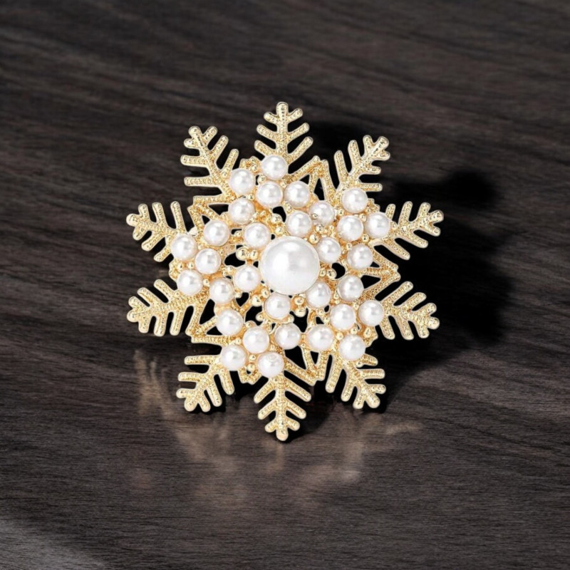 Broche flocon de neige doré perles blanches