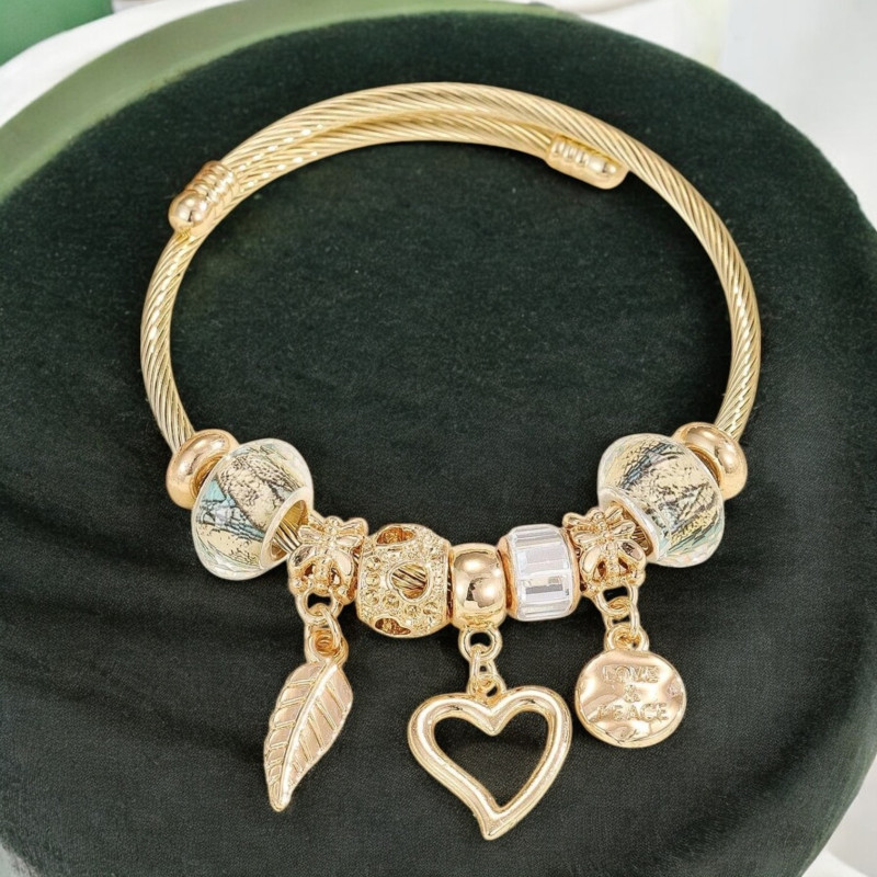 Bracelet charms doré plume et coeur bleu