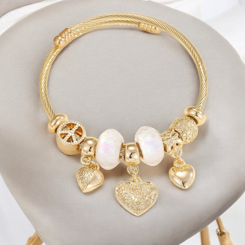 Bracelet charms doré coeur et peace and love blanc