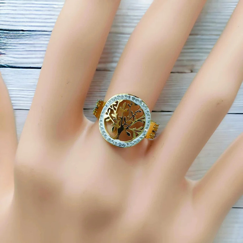 Bague ajustable dorée arbre zircon Acier