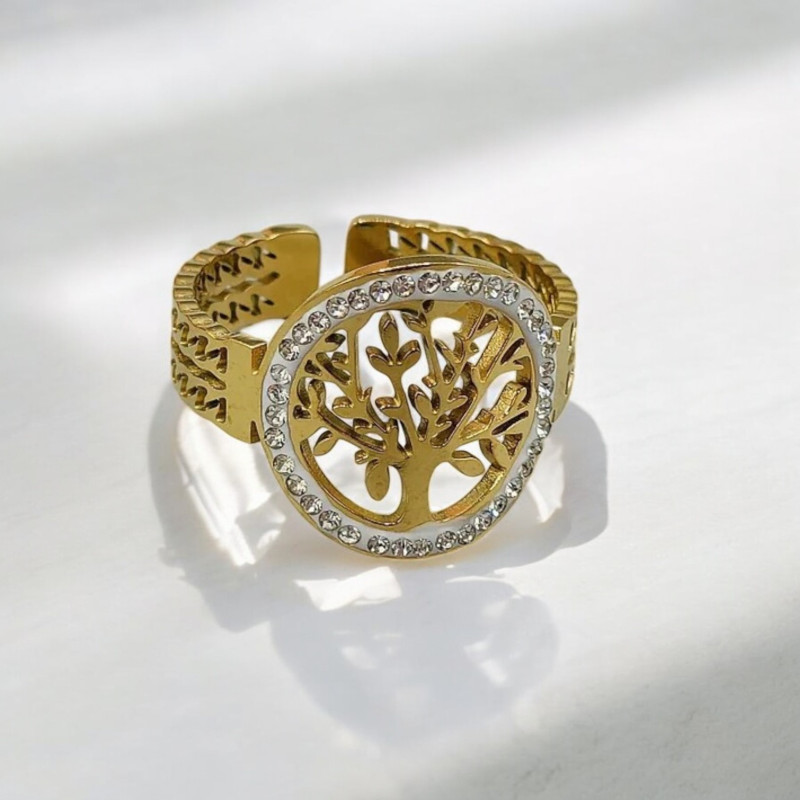 Bague ajustable dorée arbre zircon Acier