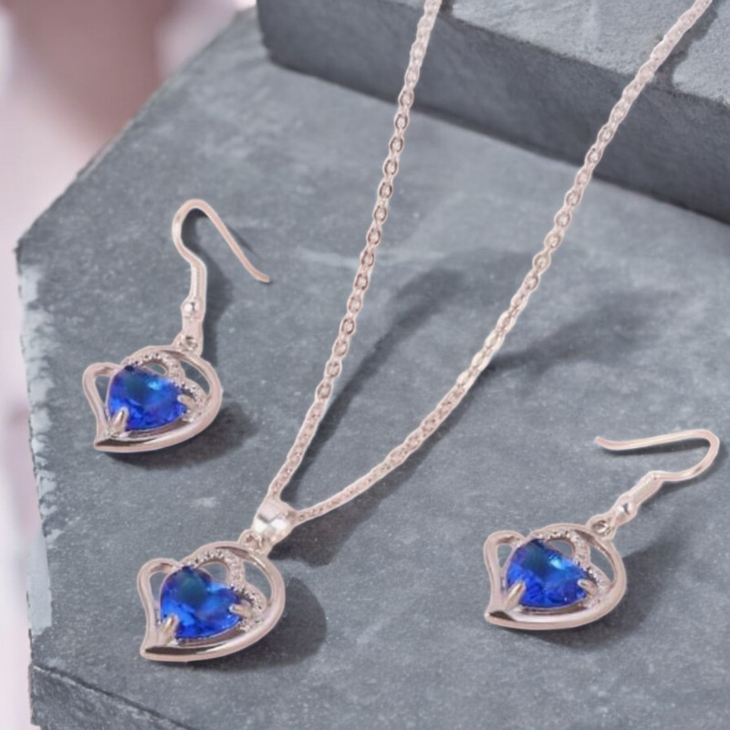 Parure argentée cœur coeur bleu 2 pièces