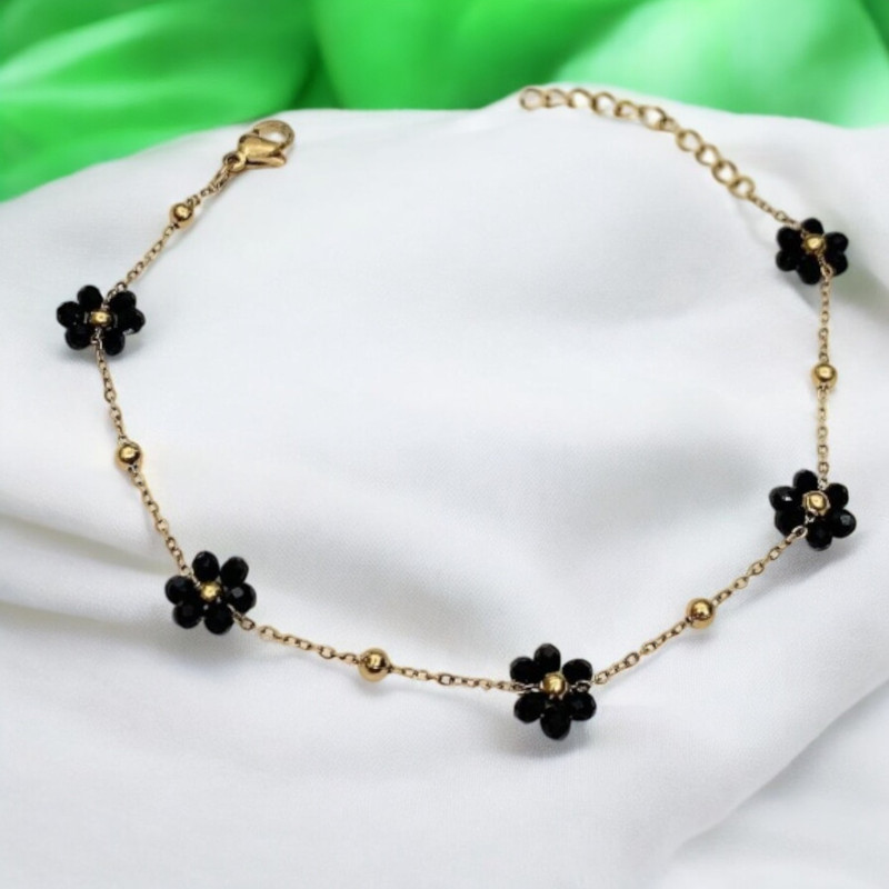Bracelet doré fleurs perles noires Plaqué or