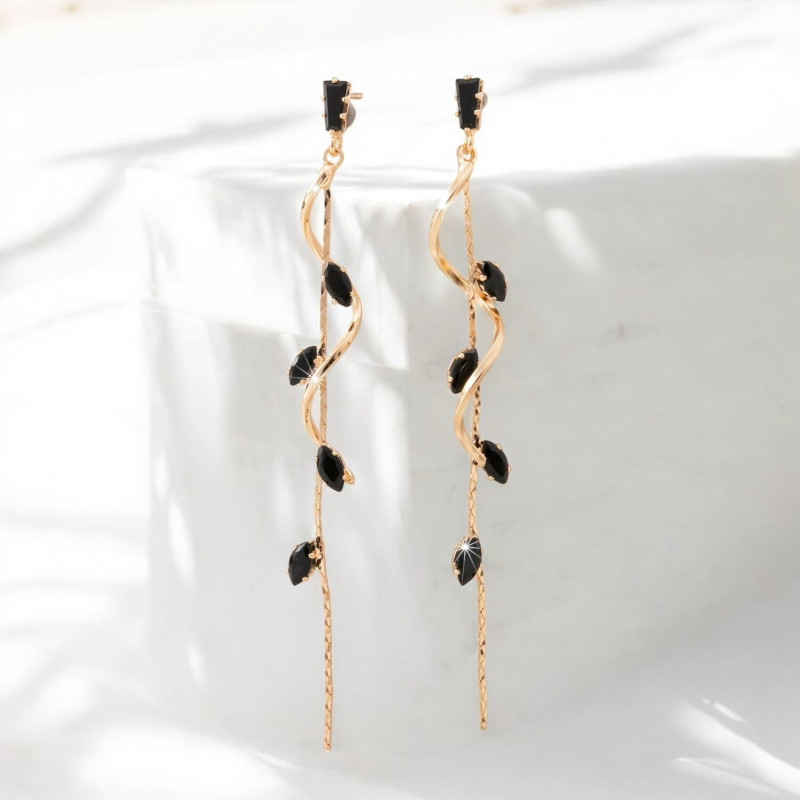 Boucles d'oreilles dorées torsades et feuilles noires Acier