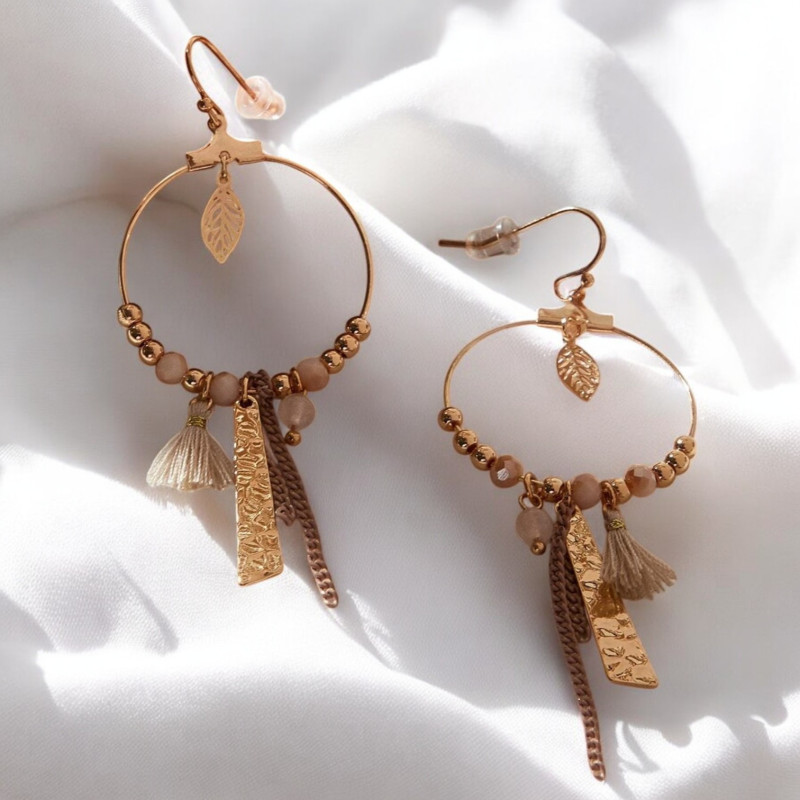 Boucles d'oreilles rondes feuilles marron