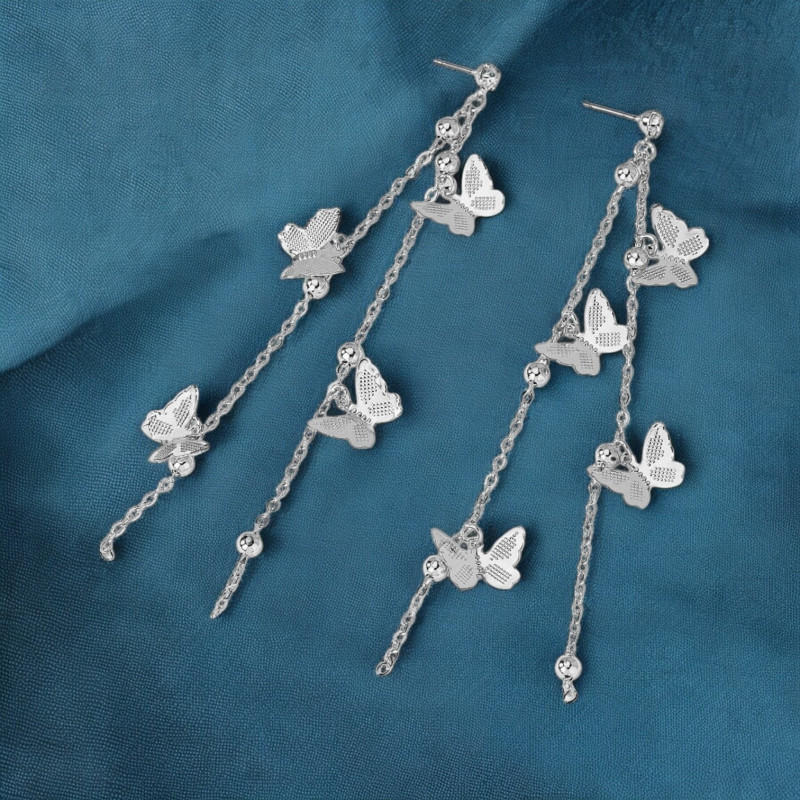 Boucles d'oreilles pendantes papillons argentés