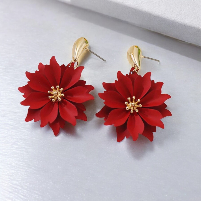 Boucles d'oreilles fleurs rouge et doré