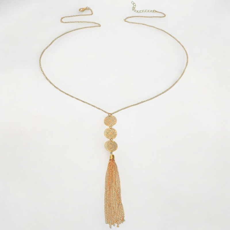 Collier sautoir doré mandala ajouré et franges