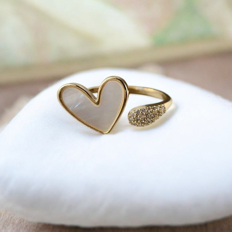 Bague dorée ajustable coeur blanc Plaqué or