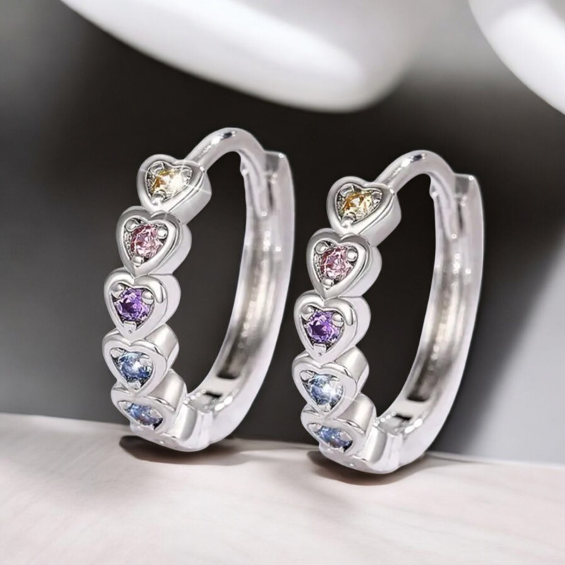 Mini créoles argentées coeurs multicolores Argent 925
