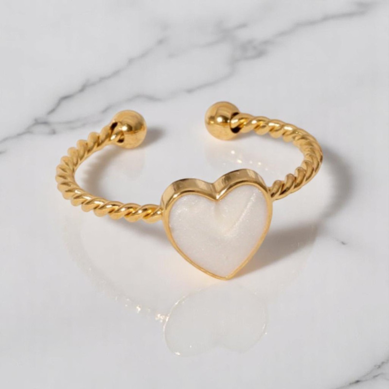 Bague ajustable dorée coeur blanc Acier