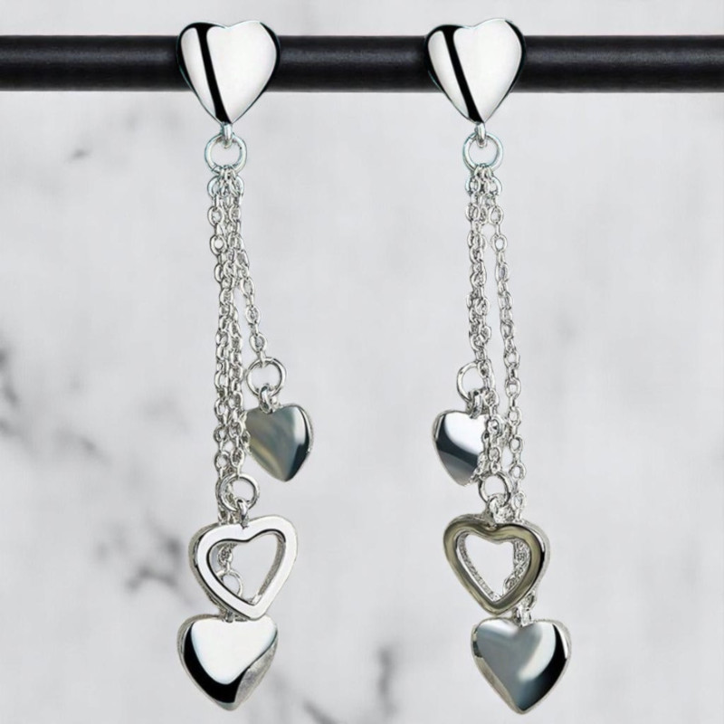 Boucles d'oreilles argentées trio de coeurs Argent 925