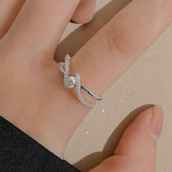 Bague ajustable argenté strass et perle blanche Plaqué or blanc