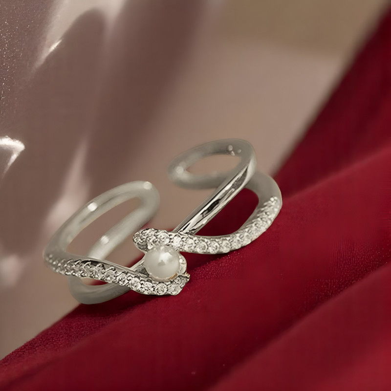 Bague ajustable argenté strass et perle blanche Plaqué or blanc