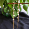 Boucles d'oreilles dorées pendantes strass et perles blanches