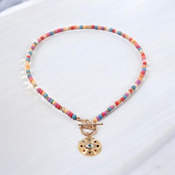 Collier perles colorées et œil bohème Acier