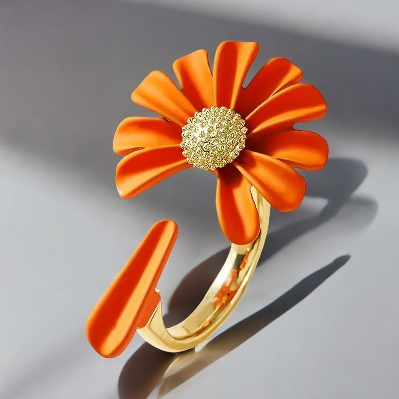Bague ouverte dorée fleur orange