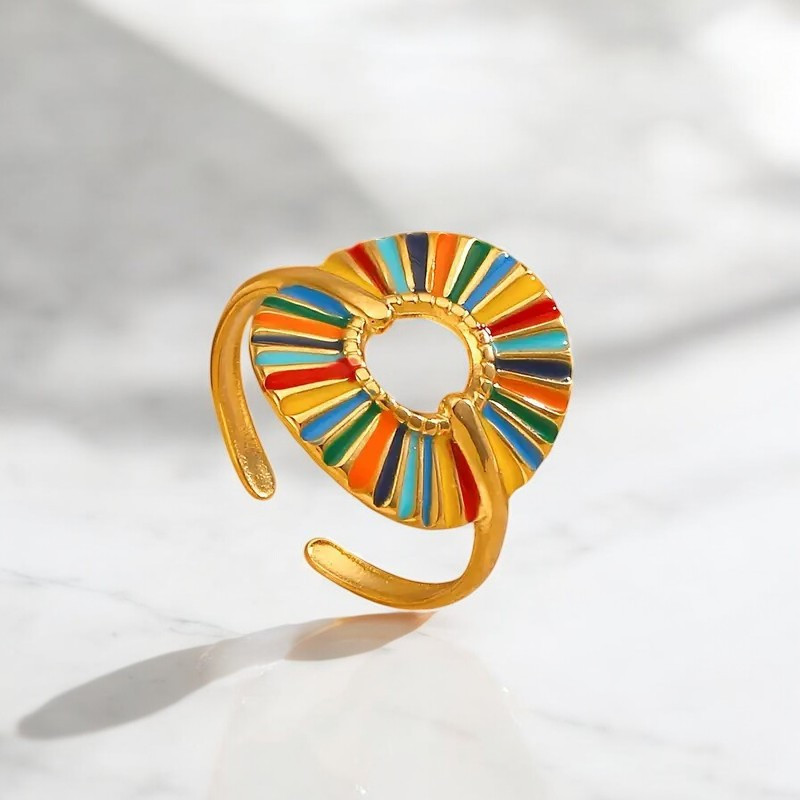 Bague ajustable dorée ronde huile colorée