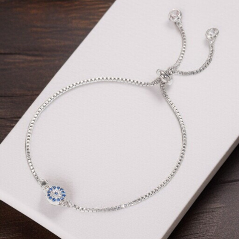Bracelet argenté coulissant médaillon bleu Plaqué or blanc