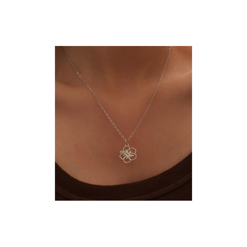 Collier argenté fleur hibiscus Acier
