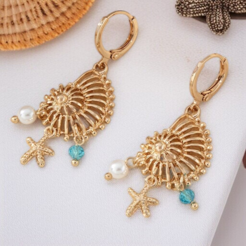 Boucles d'oreilles dorées coquillage ajouré et étoile de mer
