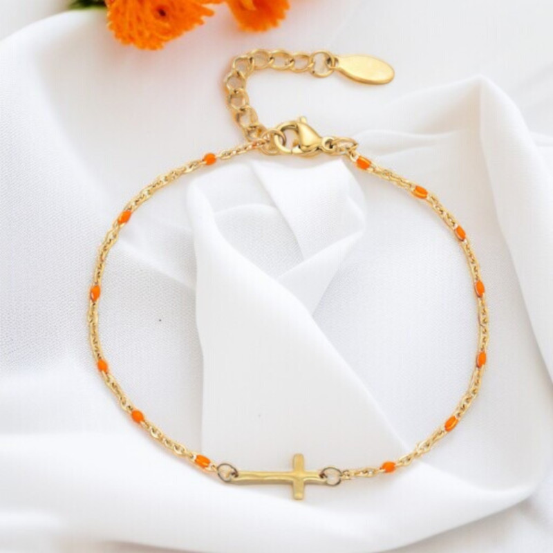 Bracelet croix doré et orange Acier