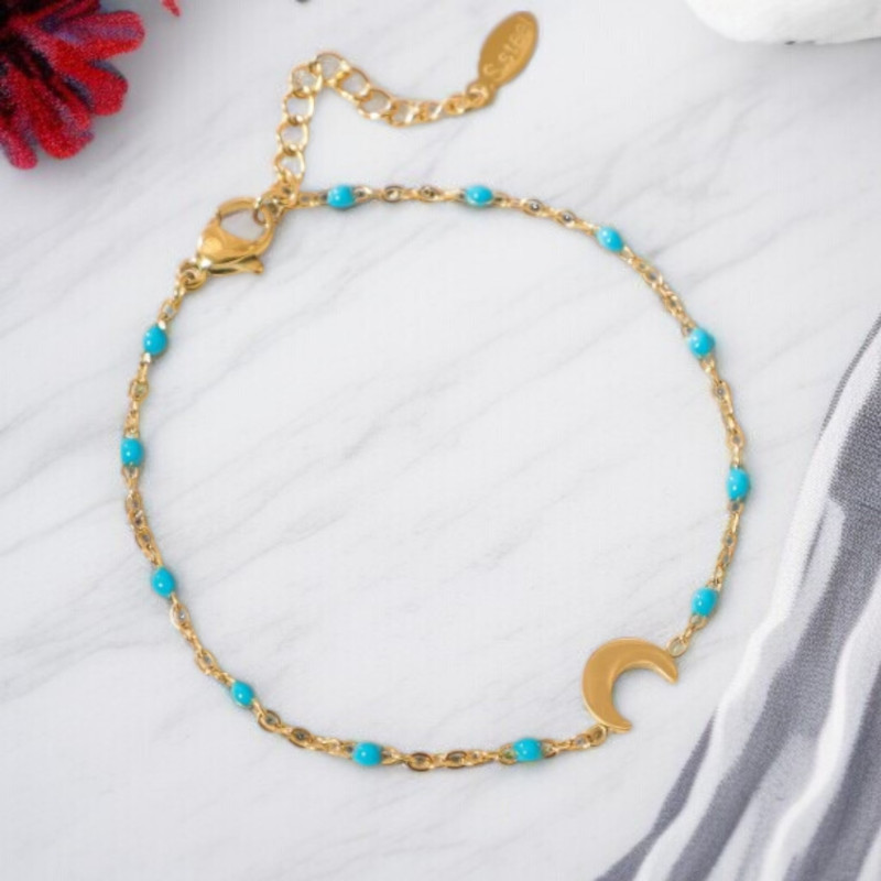 Bracelet doré et bleu ciel lune Acier