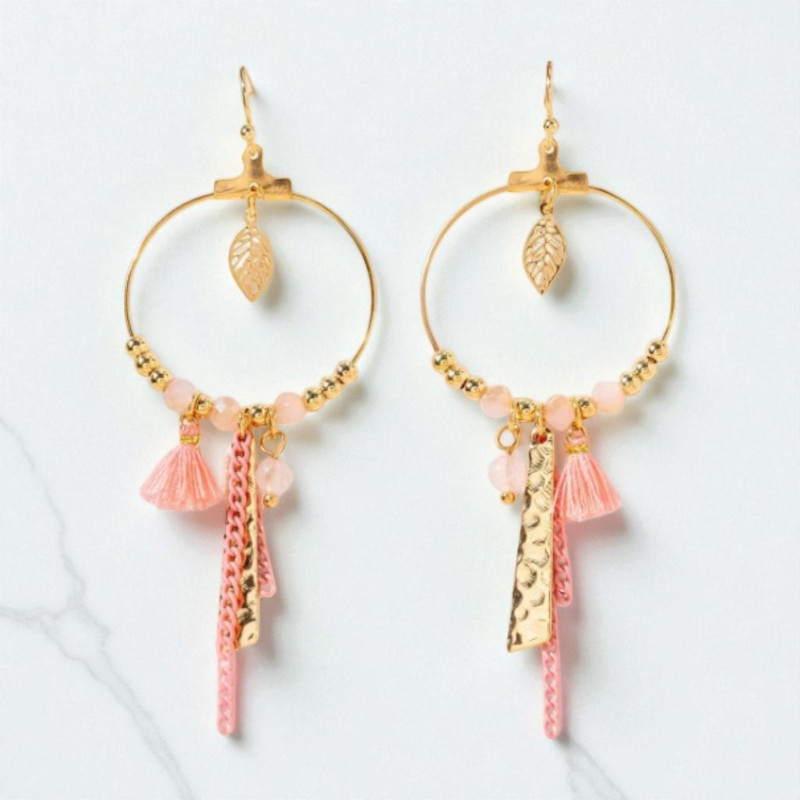 Boucles d'oreilles dorée rondes roses avec feuille