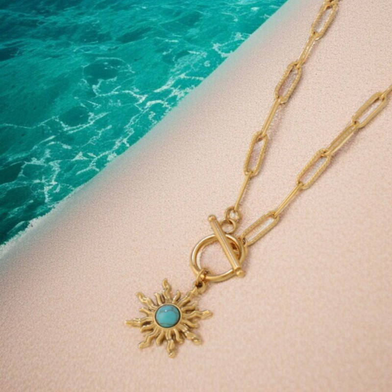 Collier doré grandes mailles et soleil turquoise Acier