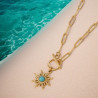 Collier doré grandes mailles et soleil turquoise Acier