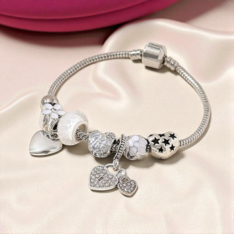 Bracelet charms argenté coeur blanc