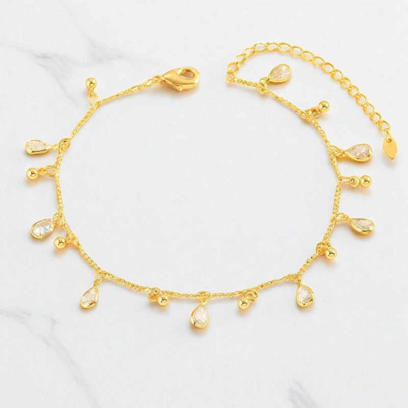 Chaîne de cheville dorée gouttes zircon Acier