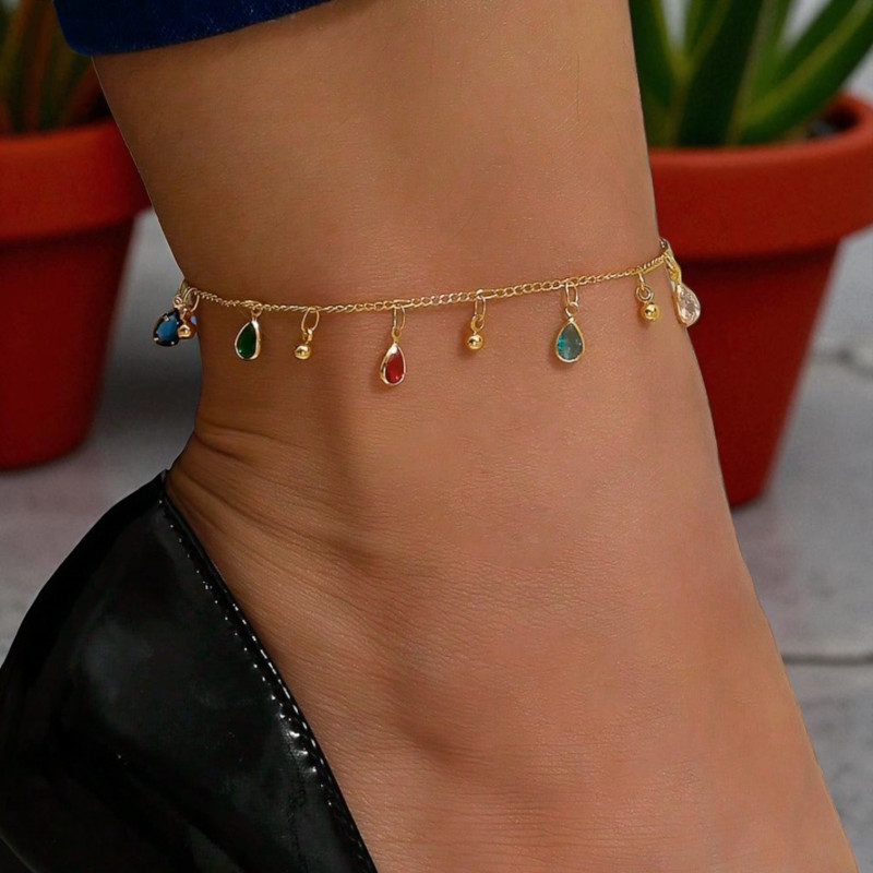 Chaîne de cheville dorée gouttes zircon multicolore Acier