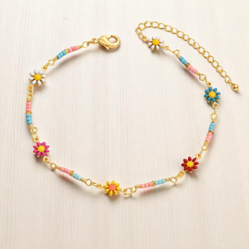 Chaîne de cheville dorée marguerites multicoloresAcier