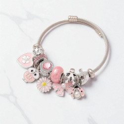 Bracelet charms argenté chouette rose Acier