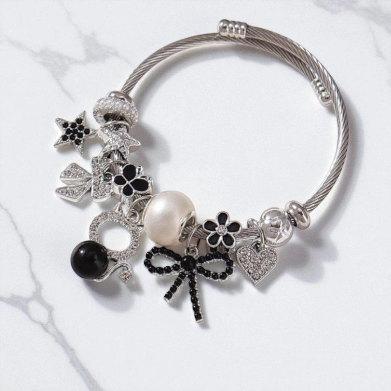 Bracelet charms argenté noeud et chat noir Acier
