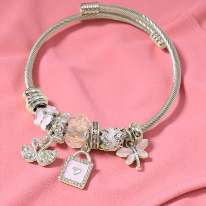 Bracelet charms argenté cygne et cadenas rose Acier