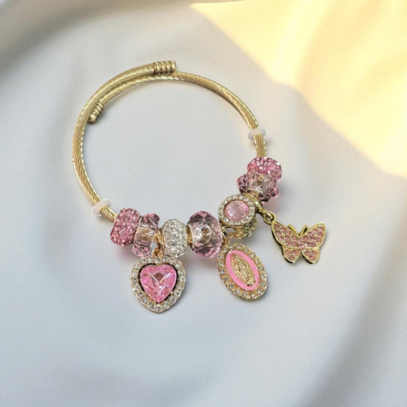 Bracelet charms doré vierge et coeur rose Acier