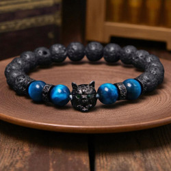 Bracelet homme pierre de lave tête de loup et perles bleues