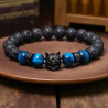 Bracelet homme pierre de lave tête de loup et perles bleues