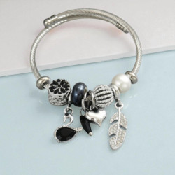 Bracelet charms argenté plume et cygne noir Acier