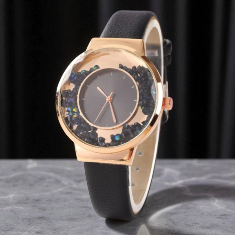 Montre cristaux noirs et cadran doré
