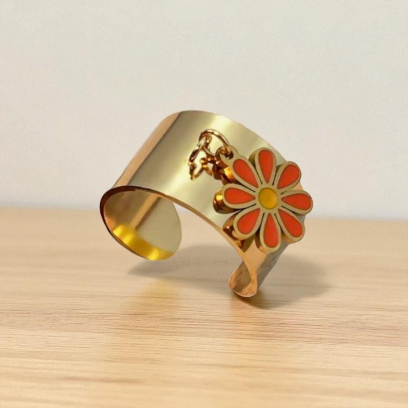 Anneau ajustable doré fleur orange Acier